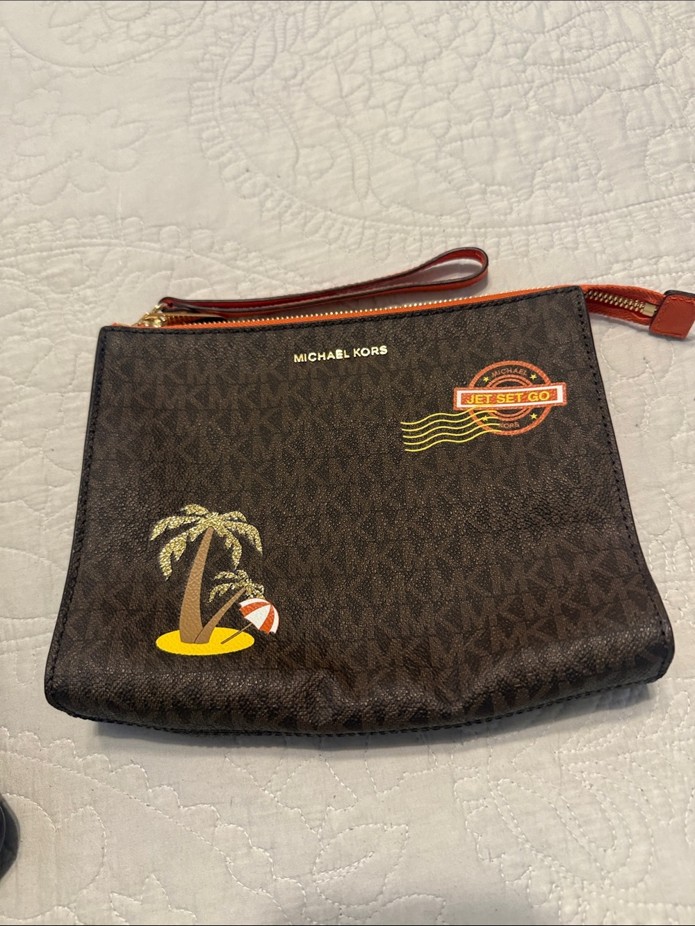 Michael Kors Brown Logo Jet Set Travel Wristlet Pouch with Tropical Accents